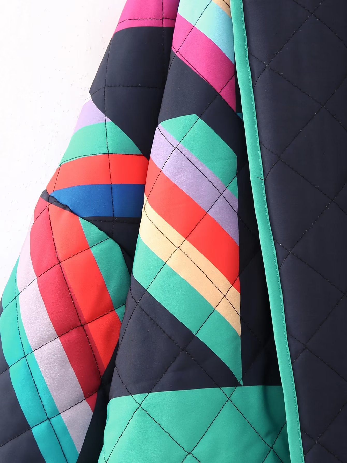Women's Padded Kimono Jacket with Geometric Color Block Print and Open Front Chichicherry