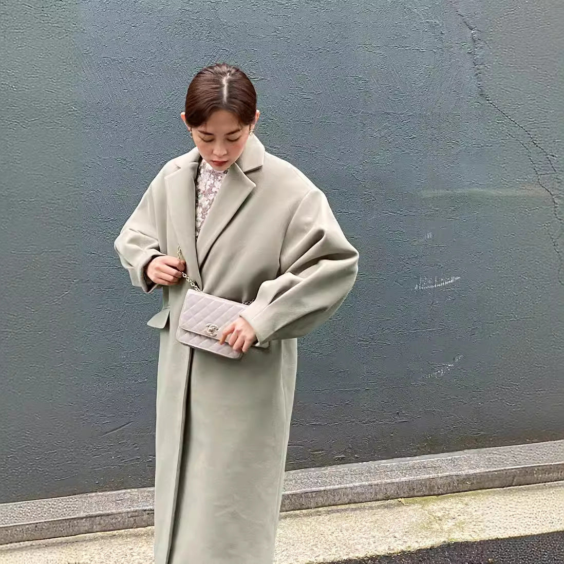 Women Longline Wool Blend Coat with boxy oversized fit and clean lapel Chichicherry