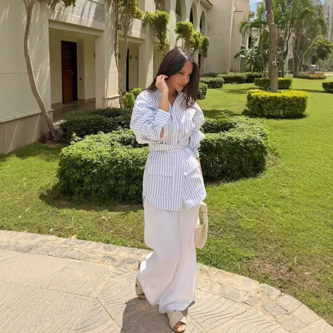 Women's Two-Piece Striped Shirt Blouse Mini Dress with Wrap Waist Belt and Separate Mini Skirt Chichicherry