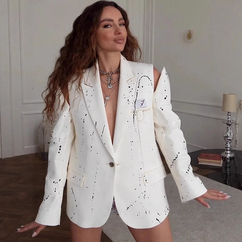 Women's Oversize Blazer with Cut-Out Shoulders and Paint Splatter Look Chichicherry