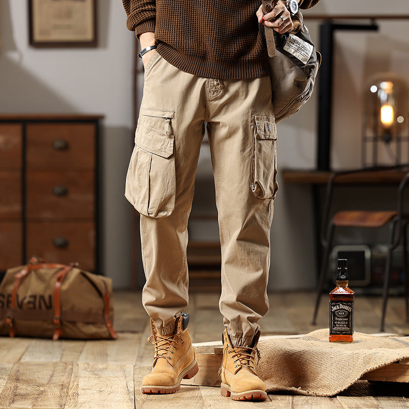 Men's Robust Cotton Cargo Pants with Elastic Hem and Multiple Pockets Chichicherry