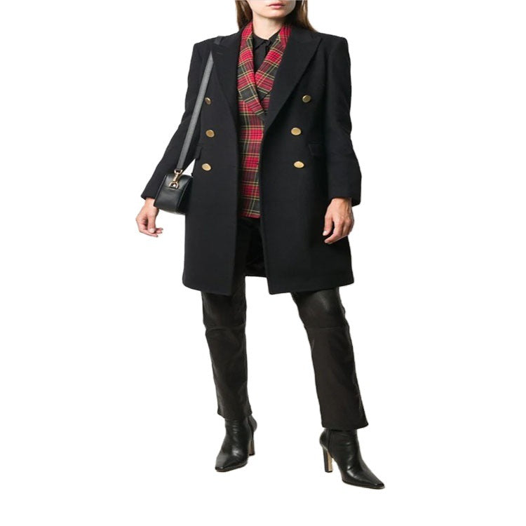Ladies Knee-Length Double-Breasted Wool Blend Coat with Textured Lapels and Flap Pockets Chichicherry