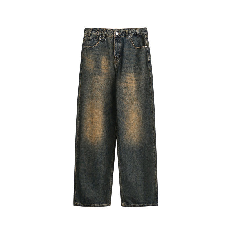 Women's Wide High-Waist Relaxed Jeans with Vintage Fading and Straight Leg Chichicherry