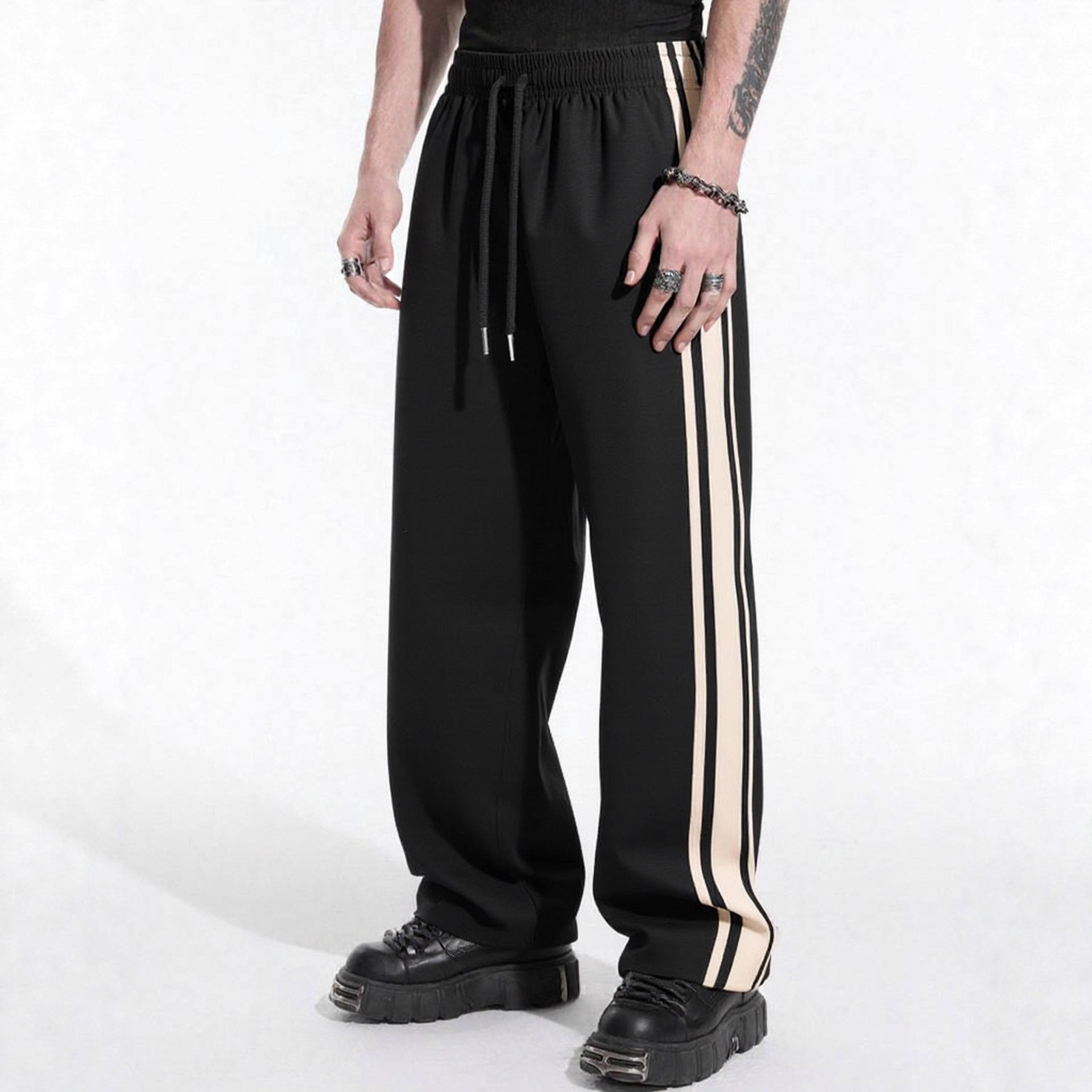 Men's loose training pants with elastic drawstring waistband, side contrast stripe & relaxed baggy fit Chichicherry