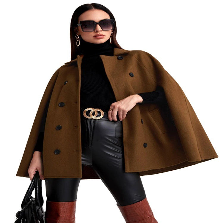 Women's Short Cape Coat in Boxy Tailoring with Hidden Sleeve Slits and Notch Collar Chichicherry