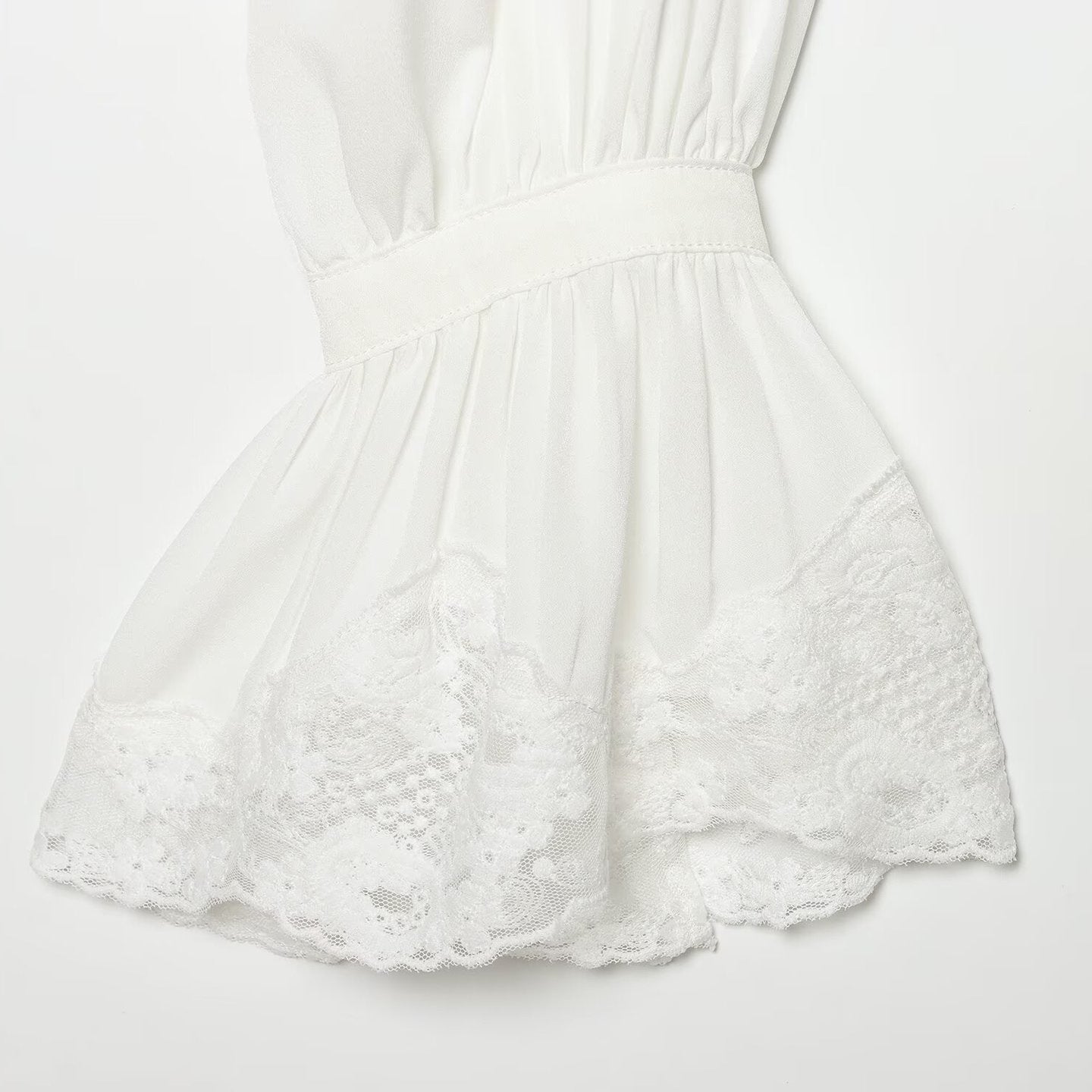 Women's Transparent Blouse with Stand Collar, Ruffle Sleeves and Lace Trim Chichicherry