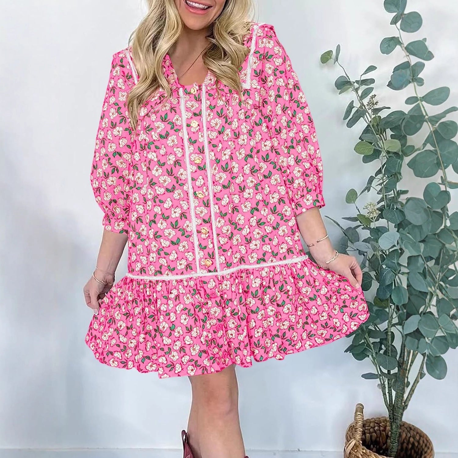 Women's Floral Mini Shirt Dress with Oversized Sailor Collar Chichicherry