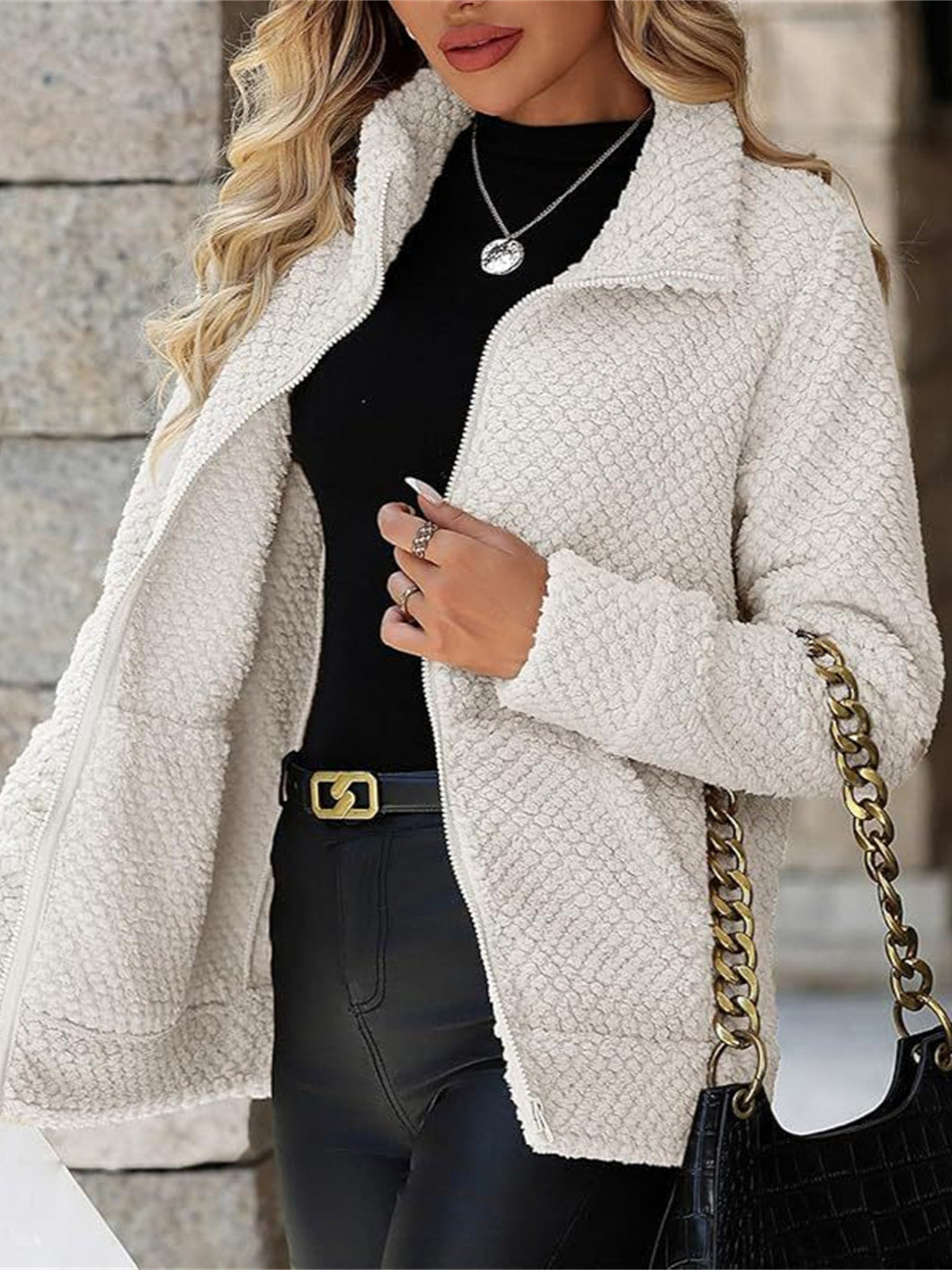 Women's teddy fleece jacket with zipper and stand-up collar Chichicherry