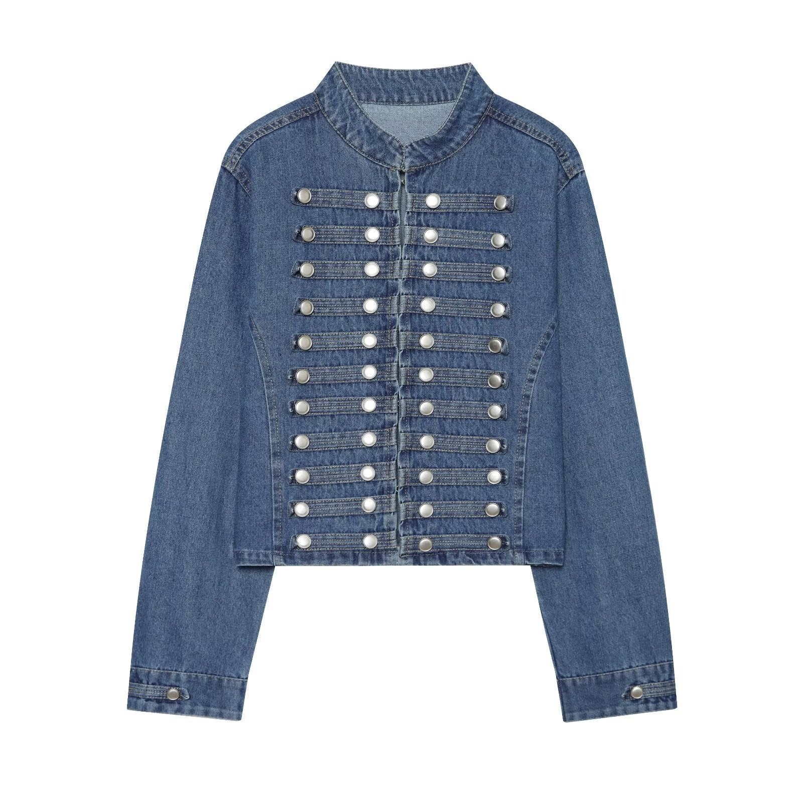 Ladies short cut denim jacket in military style with stand-up collar and decorative button rows Chichicherry