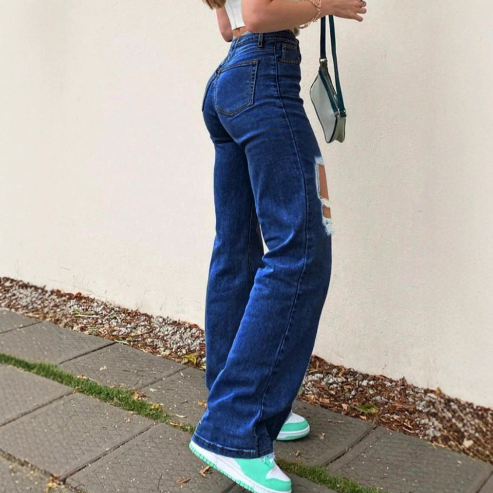 Ladies High-Waist Flared Jeans in Retro Bootcut with Knee-High Cut-Outs and Five-Pocket Design Chichicherry
