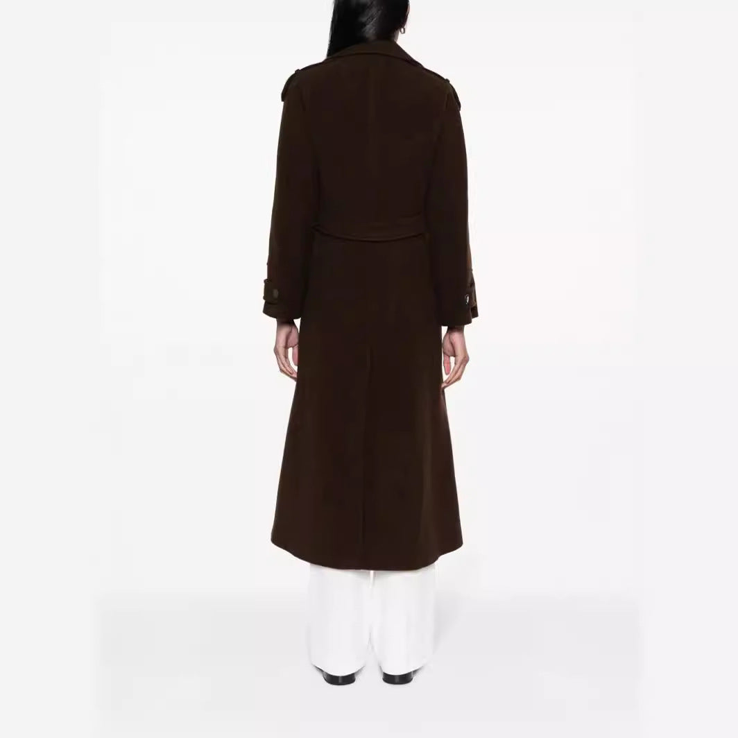Women Floor-Length Double-Breasted Trench Coat made of Wool Blend with Shoulder Patches and Concealed Waist Belt Chichicherry