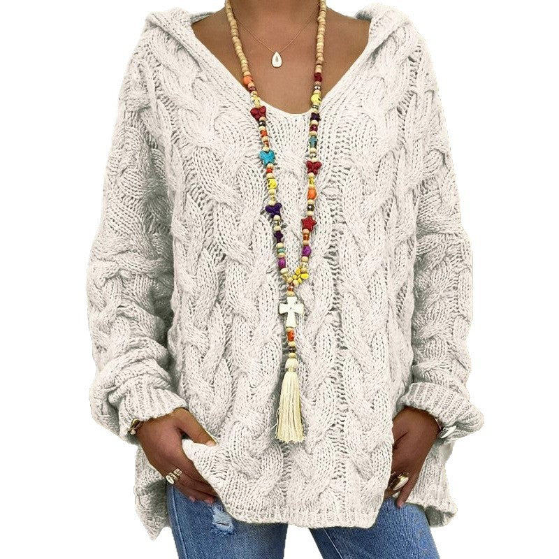Women Oversized Cable Knit Sweater with Hood and Casual V-Neck Chichicherry