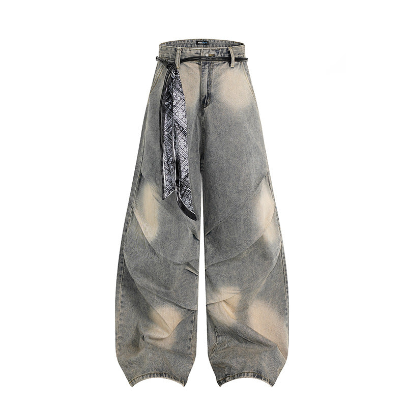 Women's extra wide distressed jeans in baggy cut with tie-dye wash and scarf belt Chichicherry