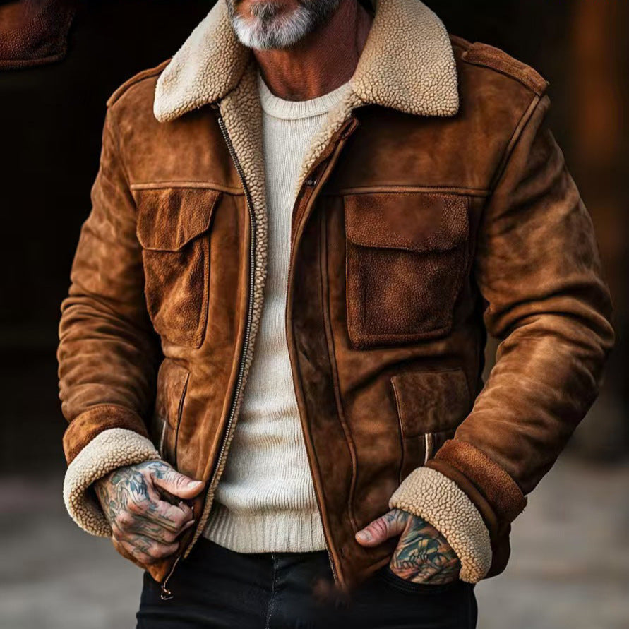 Men's flight jacket made of suede leather with teddy lining and patch pockets Chichicherry
