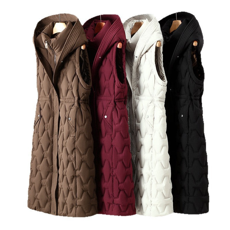 Women's longer quilted coat with hood, tailored A-line and decorative honeycomb quilting Chichicherry