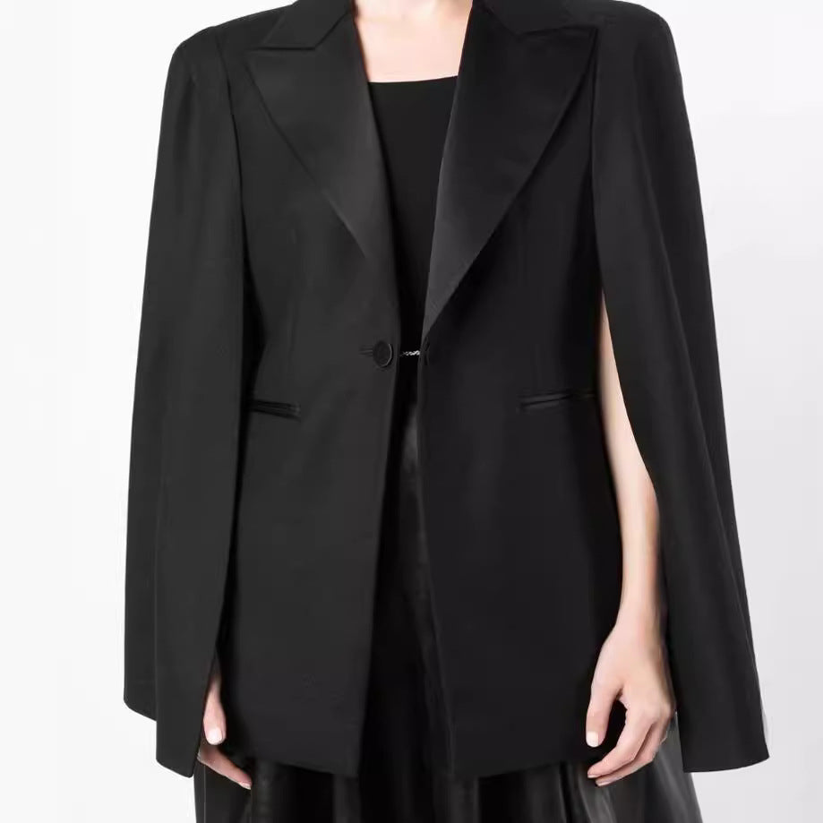 Women's Cape Blazer with Slits at the Sleeves and Satin Lapels Chichicherry