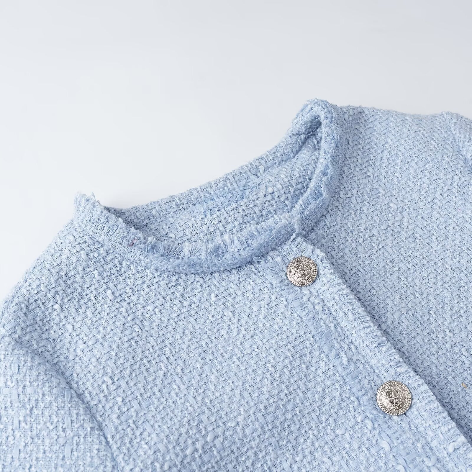 Women's Cropped Boucle Jacket with Round Neckline, Fringed Trim and Patch Pockets Chichicherry