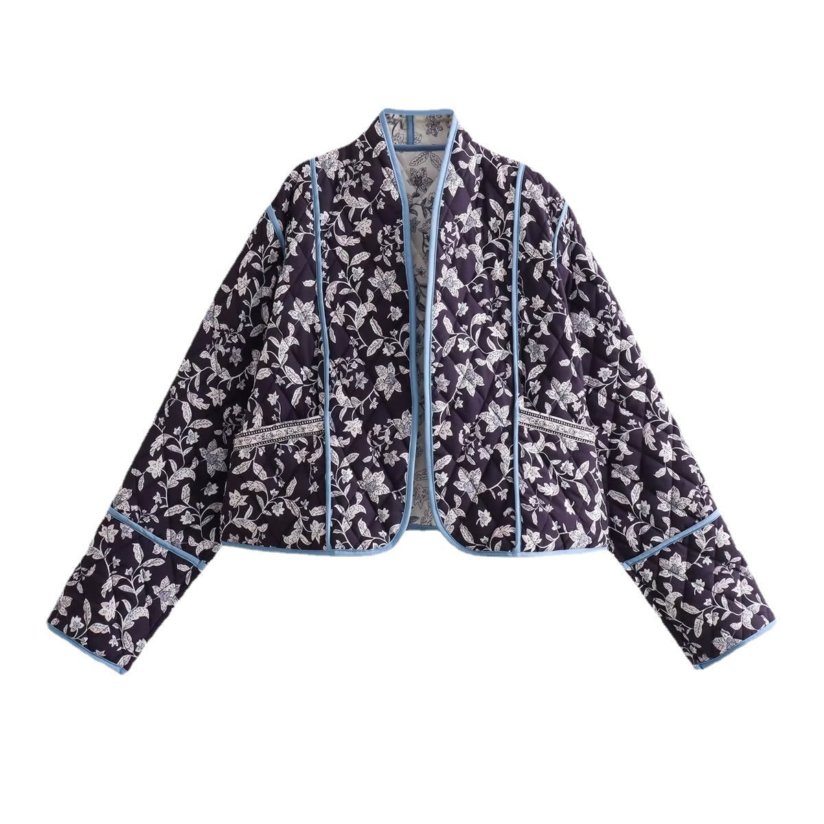 Women Quilted Cropped Puffer Jacket with Floral All-Over Pattern and Contrasting Piping Chichicherry