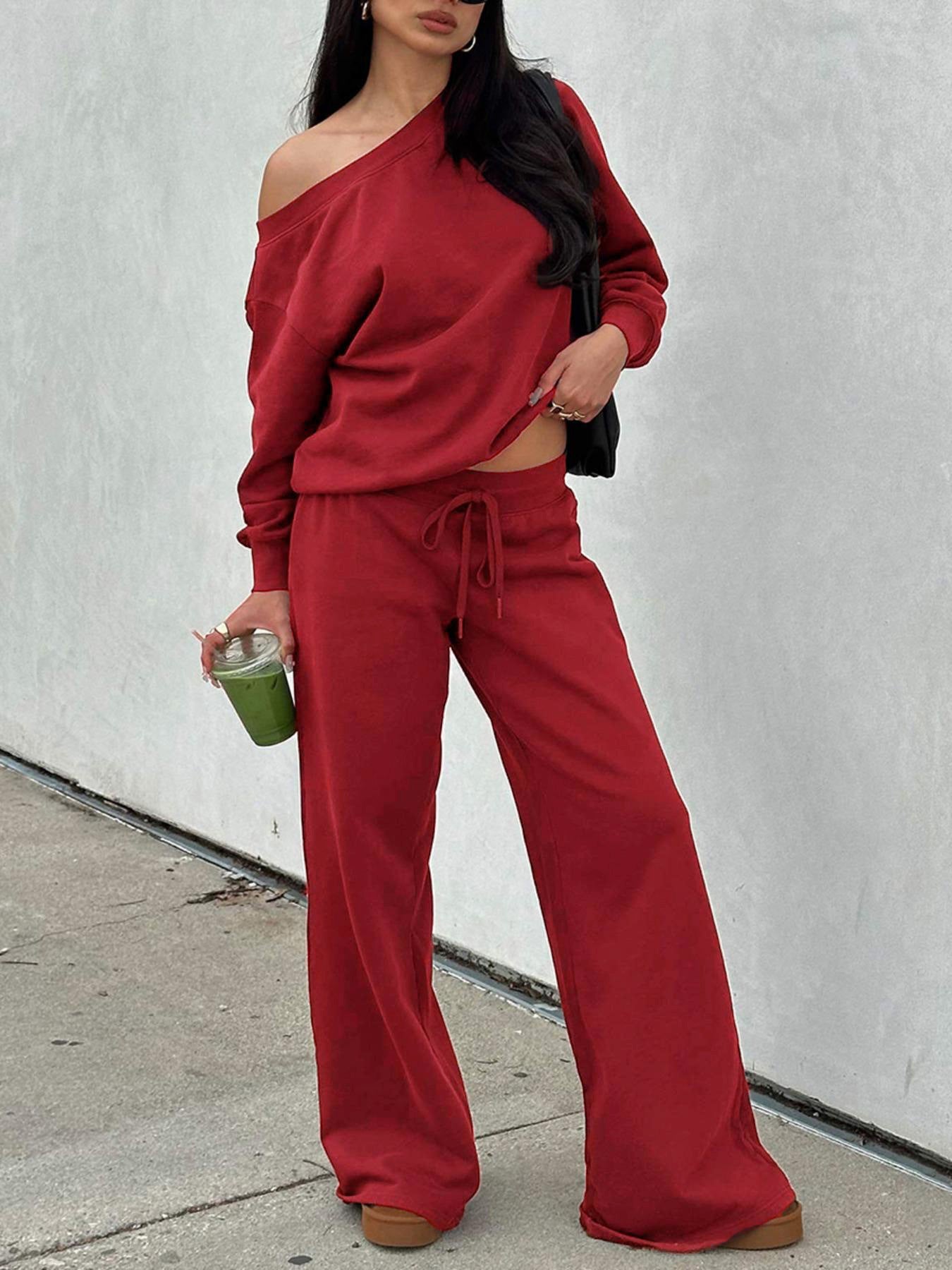 Women's Casual Off-Shoulder Lounge Set made of French Terry with Wide Legs and Drawstring