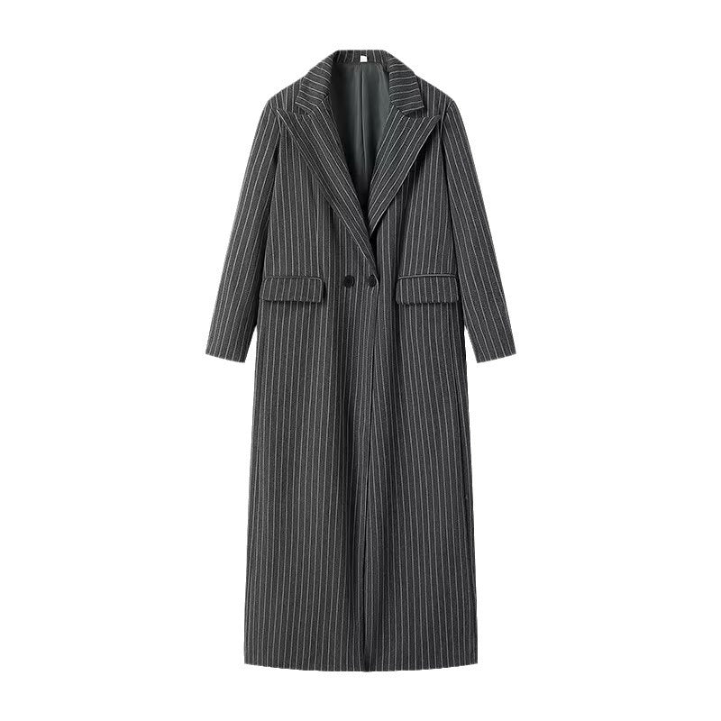 Women Longline Wool Blend Coat with Pinstripes, Tailored Lapel and Flap Pockets Chichicherry