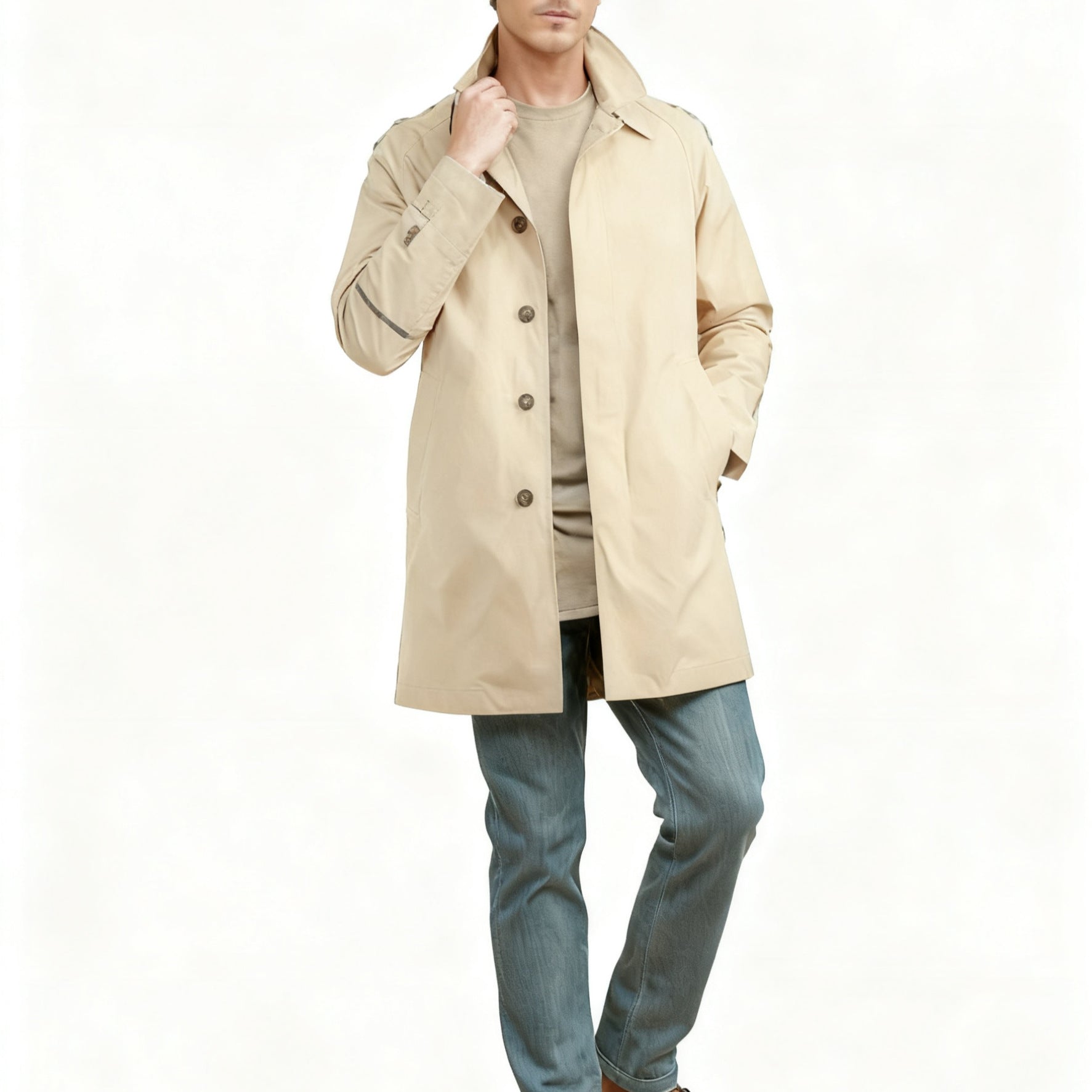 Men's mid-length car coat with lapel collar and concealed button placket Chichicherry