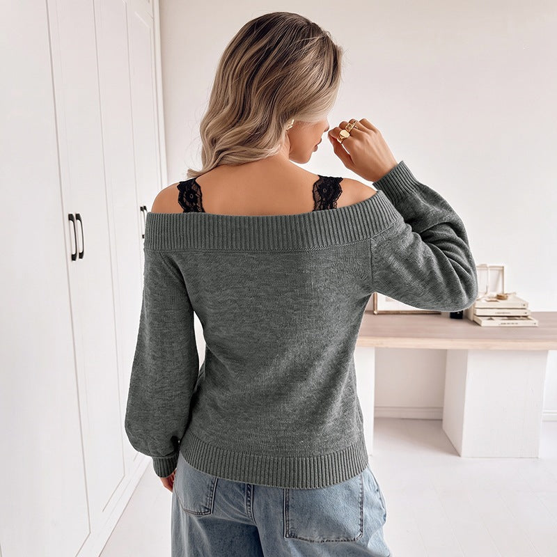 Women's Off-Shoulder V-Neck Fine Knit Sweater with Lace Strap Look and Balloon Sleeves Chichicherry