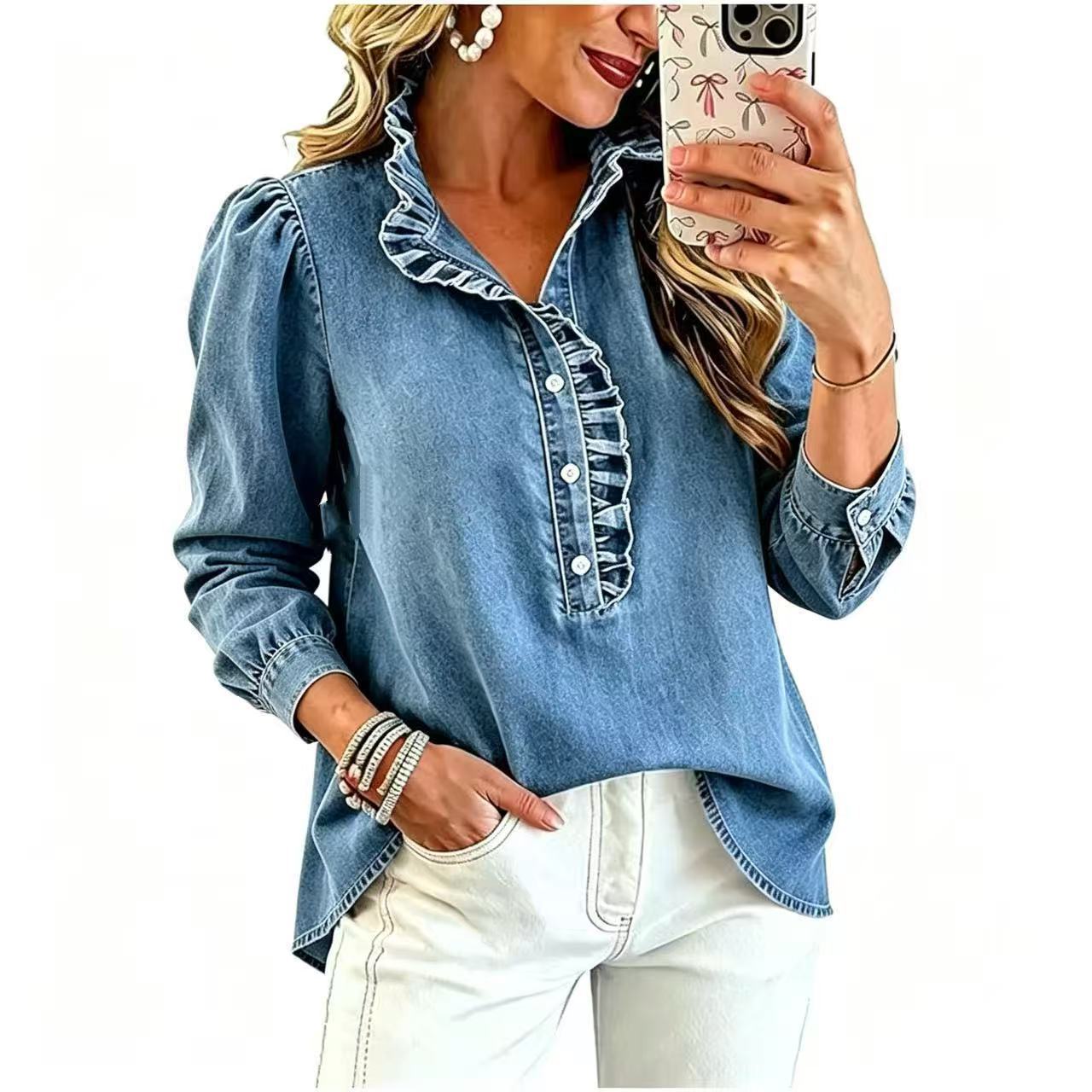 Women’s denim blouse with ruffle collar and balloon sleeves Chichicherry