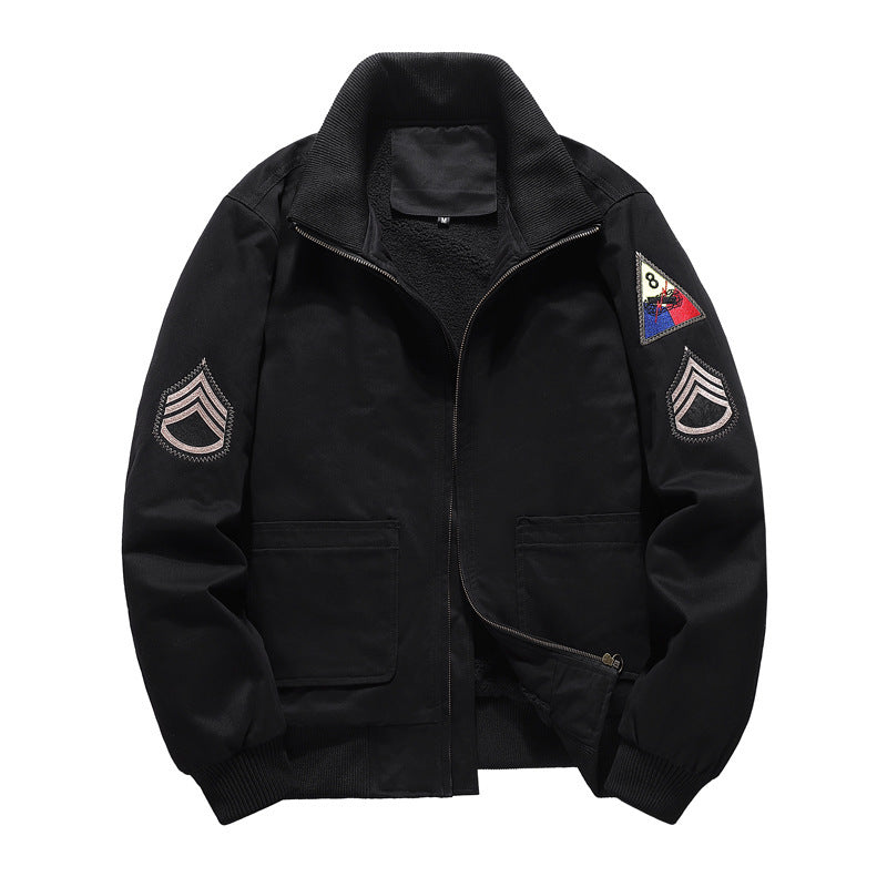 Men's Flight Jacket with Sherpa Lining, Embroidered Patch Details, and Ribbed Hem Chichicherry