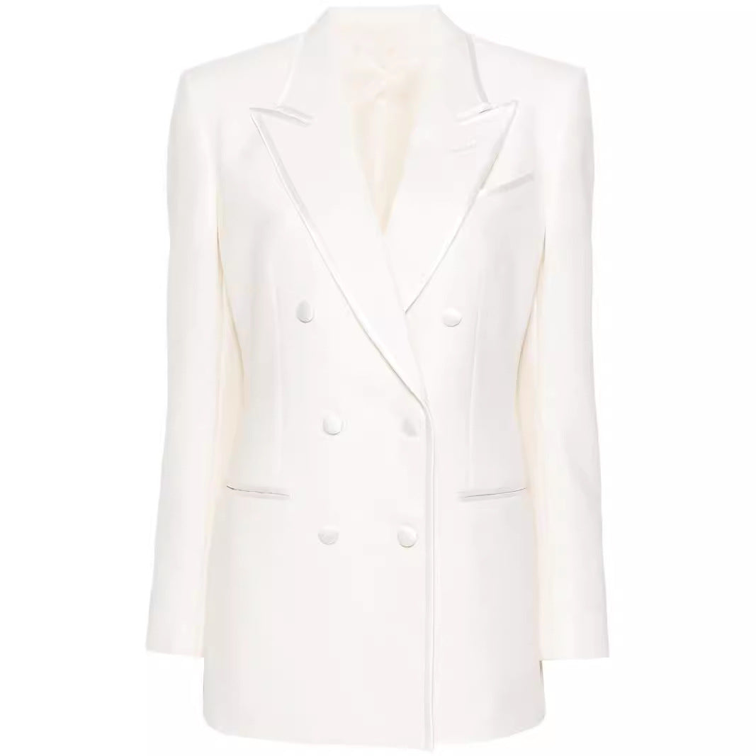 Women's Double-Breasted Long Blazer Pantsuit with Marlene Wide Leg Pants and Slim Silhouette Chichicherry