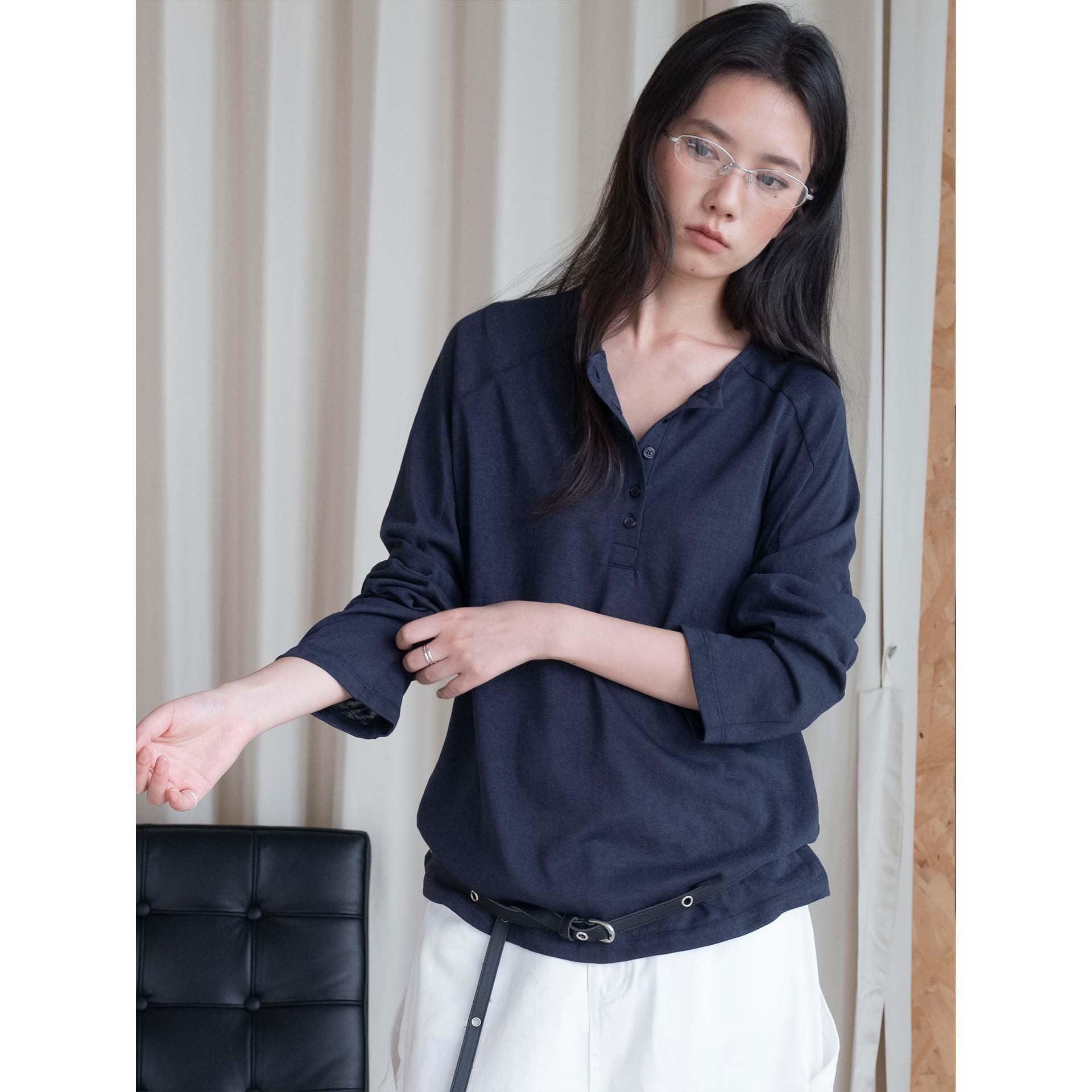 Women's Loose Henley Long Sleeve Made of Cotton Jersey Chichicherry
