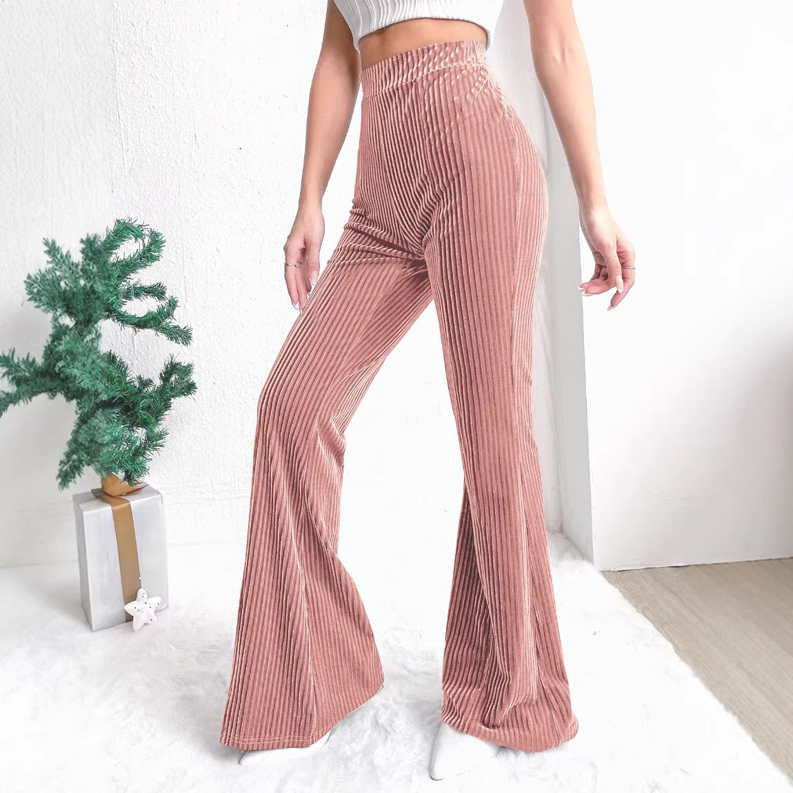 Women's High-Waisted Velvet Corduroy Pants with Pleated Look and Wide Leg Chichicherry