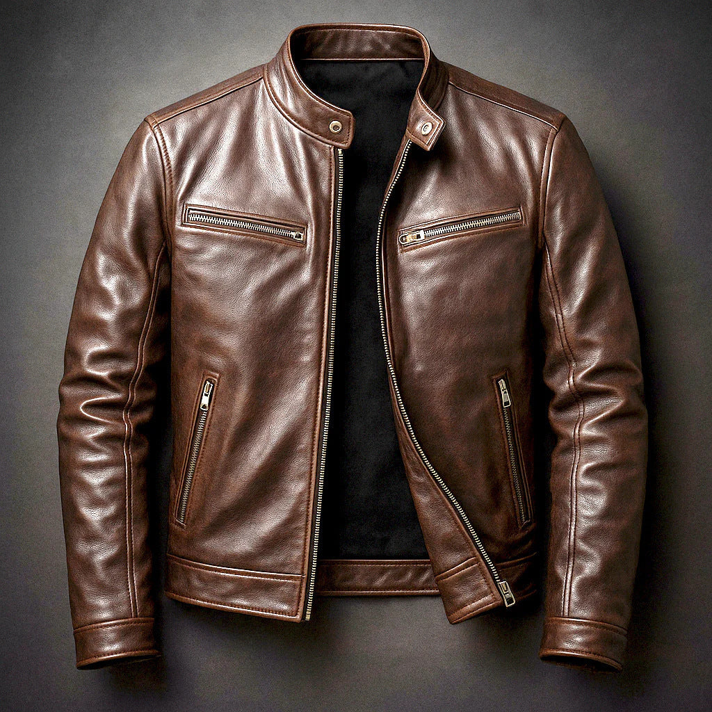 Men's Slim Fit Biker Leather Jacket made of Nappa Leather with Stand Collar and Zipper Chichicherry