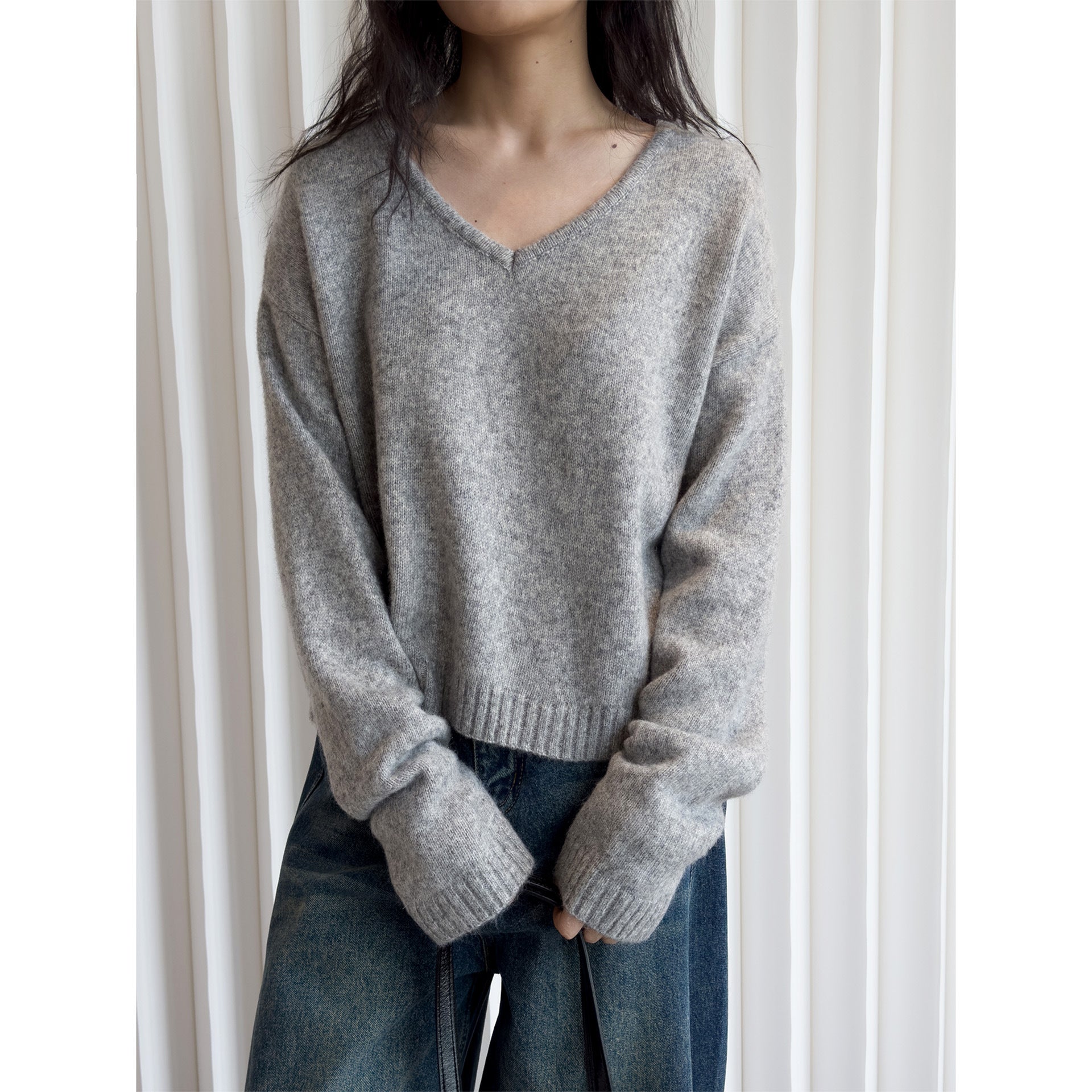 Women Soft V-Neck Fine Knit Sweater with Relaxed Fit Chichicherry