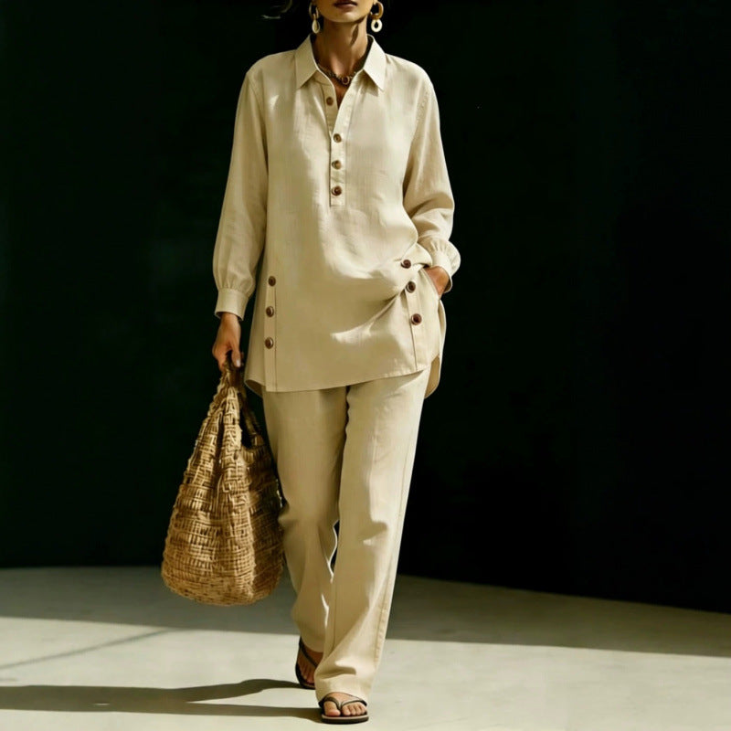 Women two-piece tunic set made of lightweight linen blend with shirt collar and side decorative buttons Chichicherry