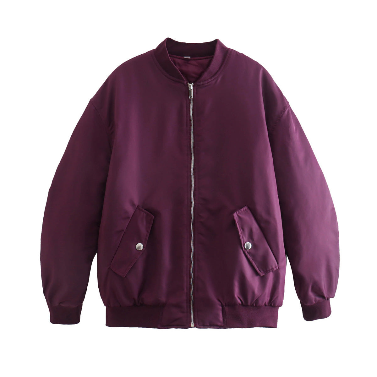 Women Boxy Bomber Jacket in Oversized Look with Zipper and Slanted Flap Pockets Chichicherry