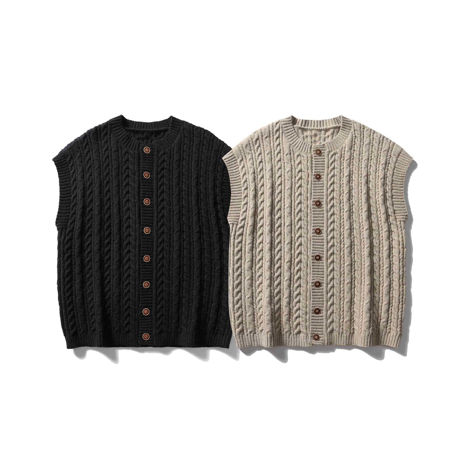 Women's Sleeveless Cable Knit Vest with Wooden Buttons and Ribbed Hem Chichicherry