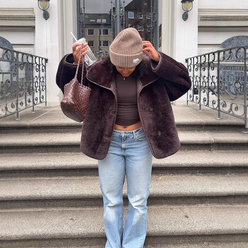 Women's Boxy Faux Fur Jacket with Voluminous Shawl Collar and Boxy Silhouette Chichicherry