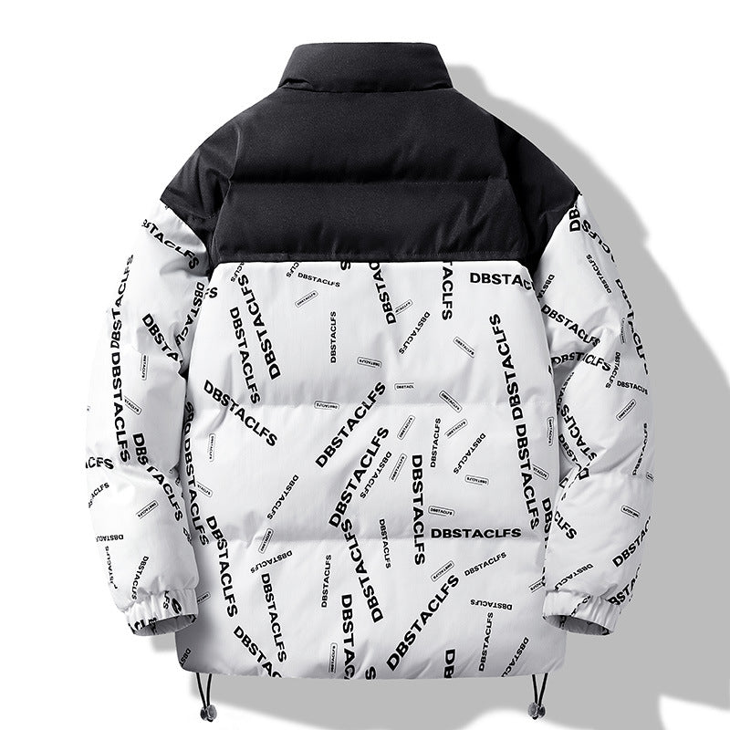 Men's Padded Quilted Jacket with Graphic Text Print, Stand Collar and Adjustable Hem Chichicherry