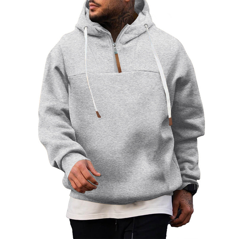 Men's Fleece Half-Zip Hoodie with Hood, Drawstring, and Elastic Cuffs Chichicherry