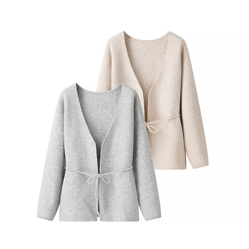 Women's Open Knit Cardigan with Ties and V-neck Chichicherry
