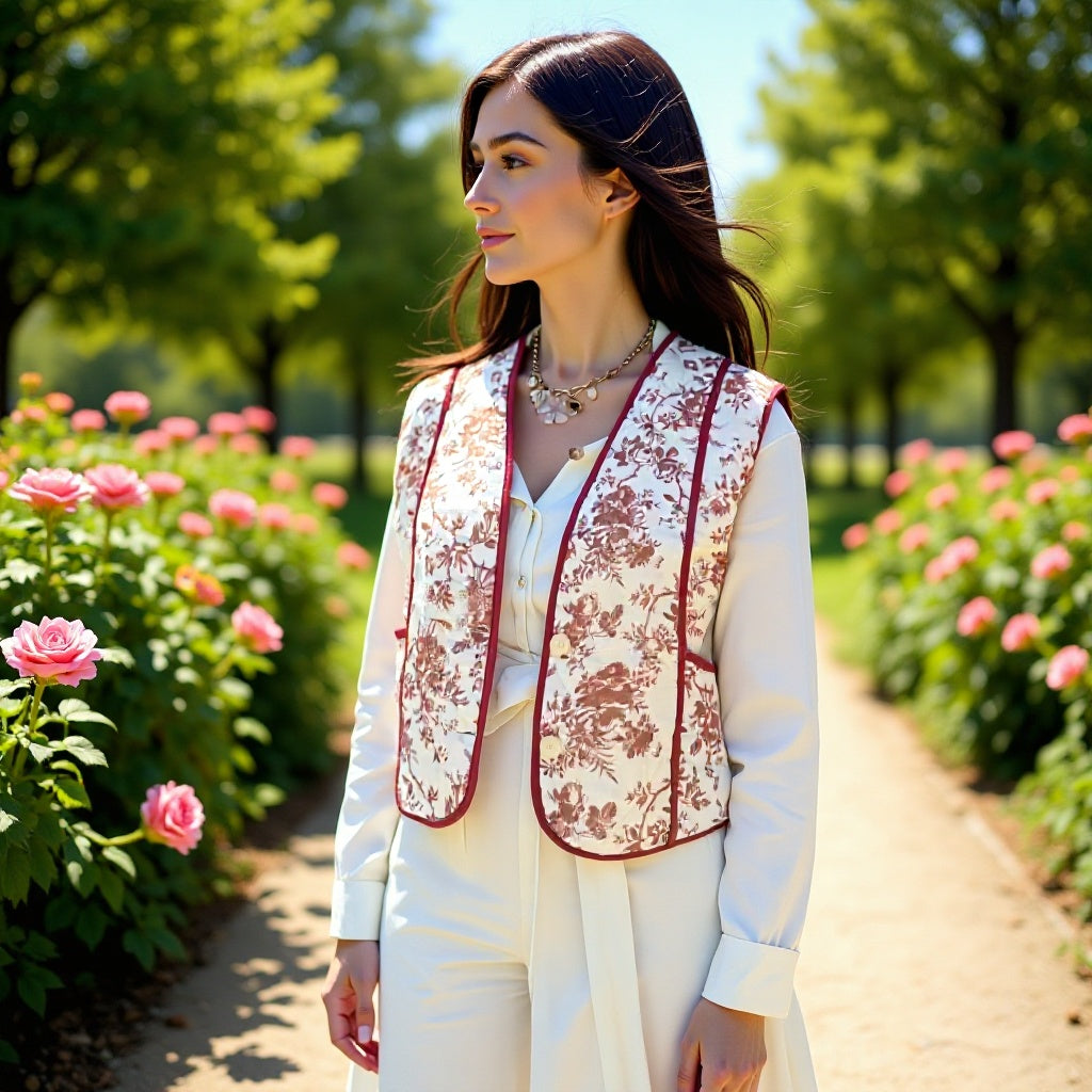 Ladies Quilted Gilet in Country House Style with Floral Toile Look and Pockets Chichicherry
