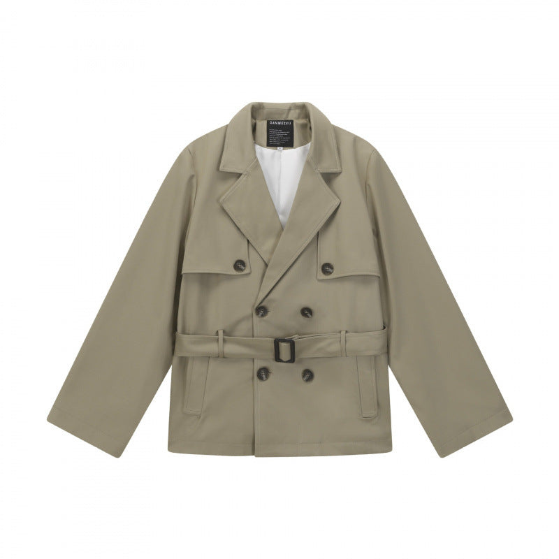 Unisex Short Double Blouson Trench Coat with Waist Belt and Boxy Silhouette Chichicherry