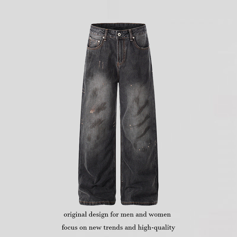 Women High-Cut Loose Distressed Denim Culotte Jeans with Paint-Splatter and Used Effect Chichicherry