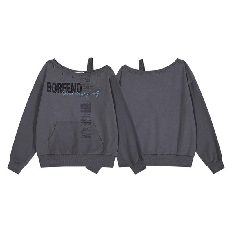 Women's Oversize Sweatshirt with Asymmetric One-Shoulder Strap, Kangaroo Pocket and Studs Chichicherry
