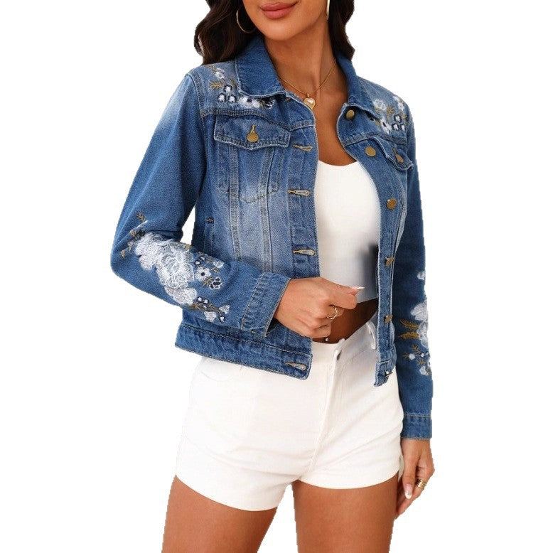 Women’s Embroidered Cropped Denim Jacket in Trucker Style with Floral Sleeve Detailing Chichicherry