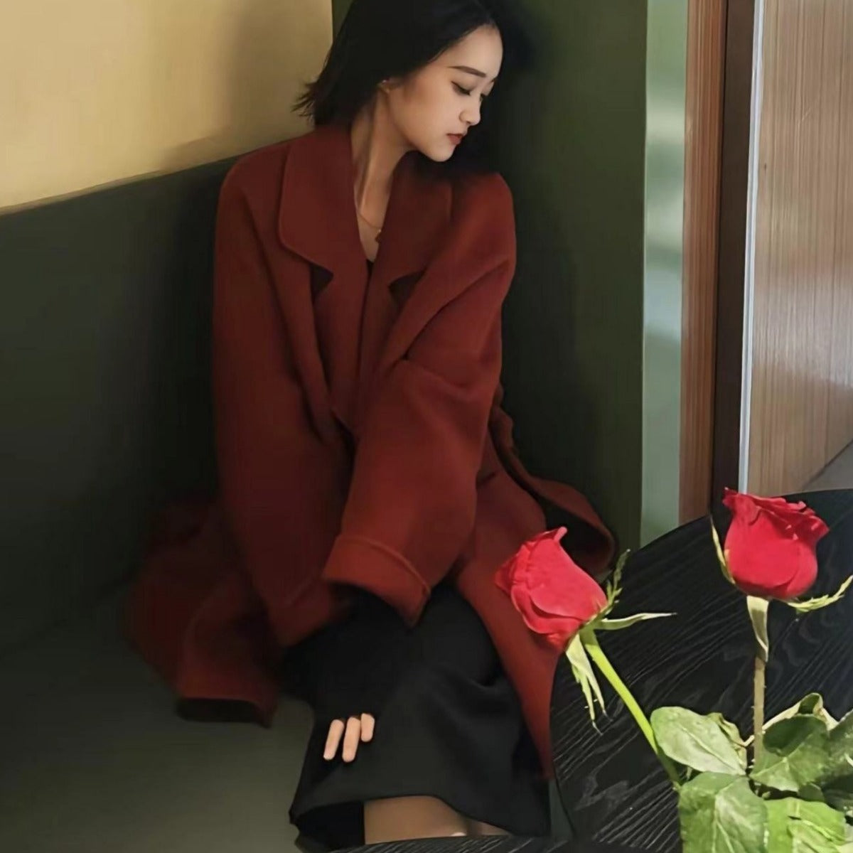 Ladies Short Wrap Coat made of Wool Mix with Ties and Wide Lapels Chichicherry