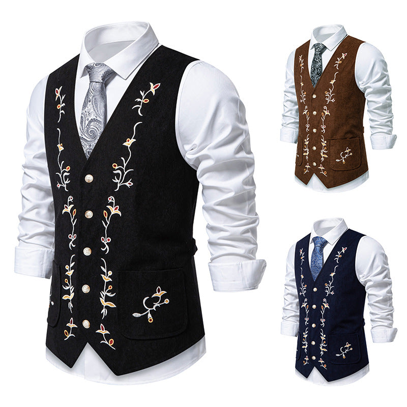 Men's Traditional Embroidered Suit Vest with V-Neck and Decorative Buttons Chichicherry