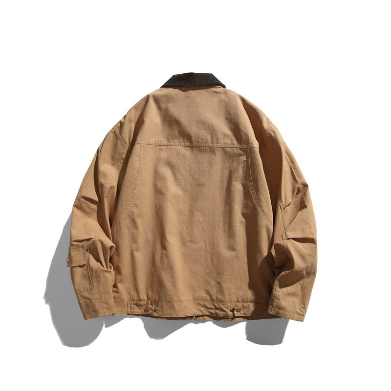 Men's Boxy Workwear Blouson Jacket with Contrast Collar and Multiple Pockets Chichicherry