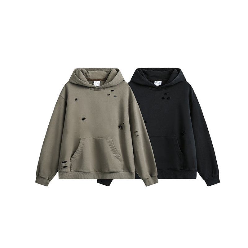 Unisex Oversize Hoodie with Distressed Details, Kangaroo Pocket and Ribbed Cuffs Chichicherry
