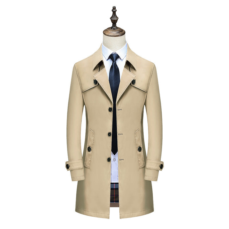 Men Elegant Slim-Fit Trench Coat with Classic Button Placket and Adjustable Cuffs Chichicherry